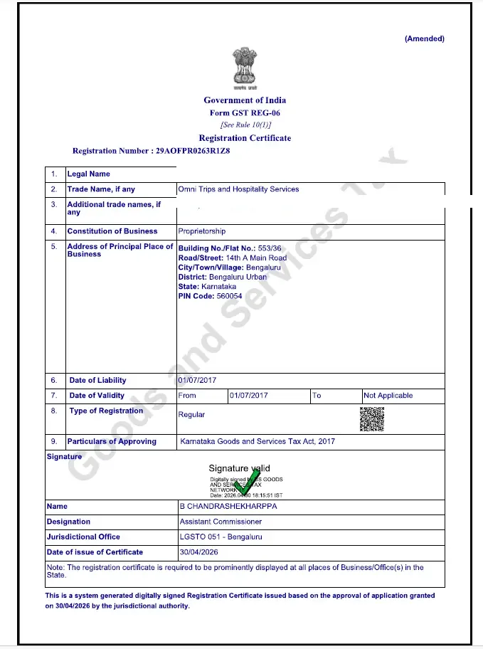 GST REG-06 for the trade name Omni Trips and Hospitality Services, GSTIN 29AOFPR0263R1Z8. The personal legal name and the second trade name are covered.