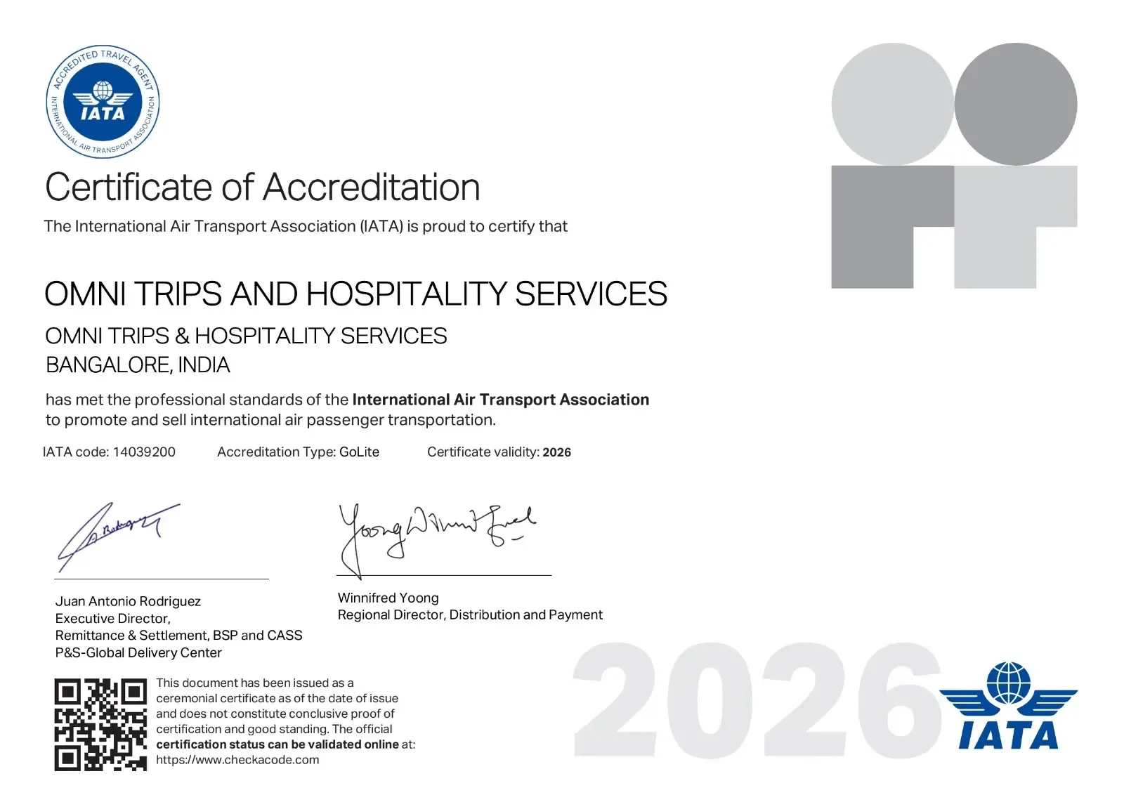 IATA GoLite Accreditation certificate for Omni Trips and Hospitality Services, code 14039200, certificate year 2026, including the ceremonial disclaimer.