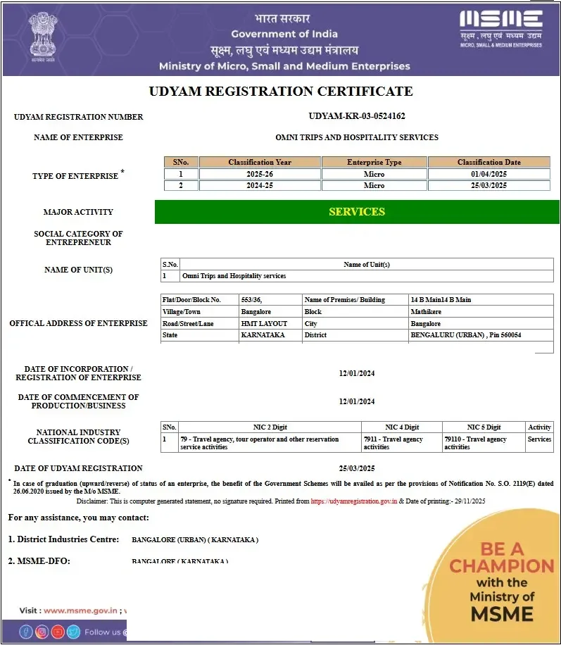 Udyam registration certificate UDYAM-KR-03-0524162 for Omni Trips and Hospitality Services. Personal contact details are covered.