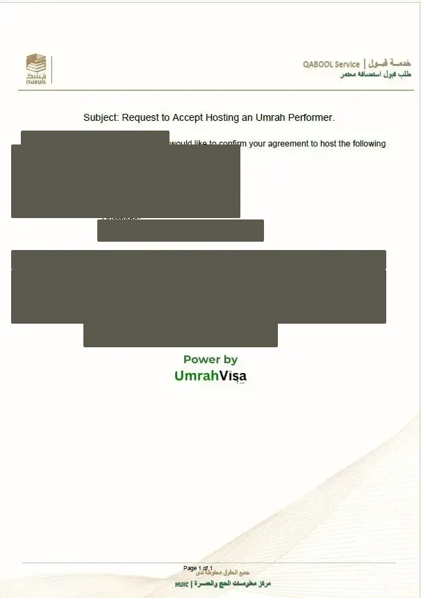 Redacted Nusuk letter titled Request to Accept Hosting an Umrah Performer. Guest names and travel dates are covered.